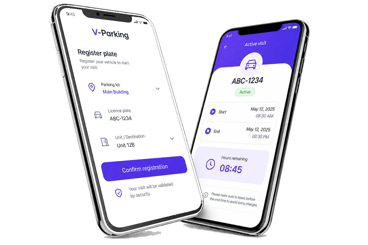 V-Parking app — register plate and active visit status on mobile